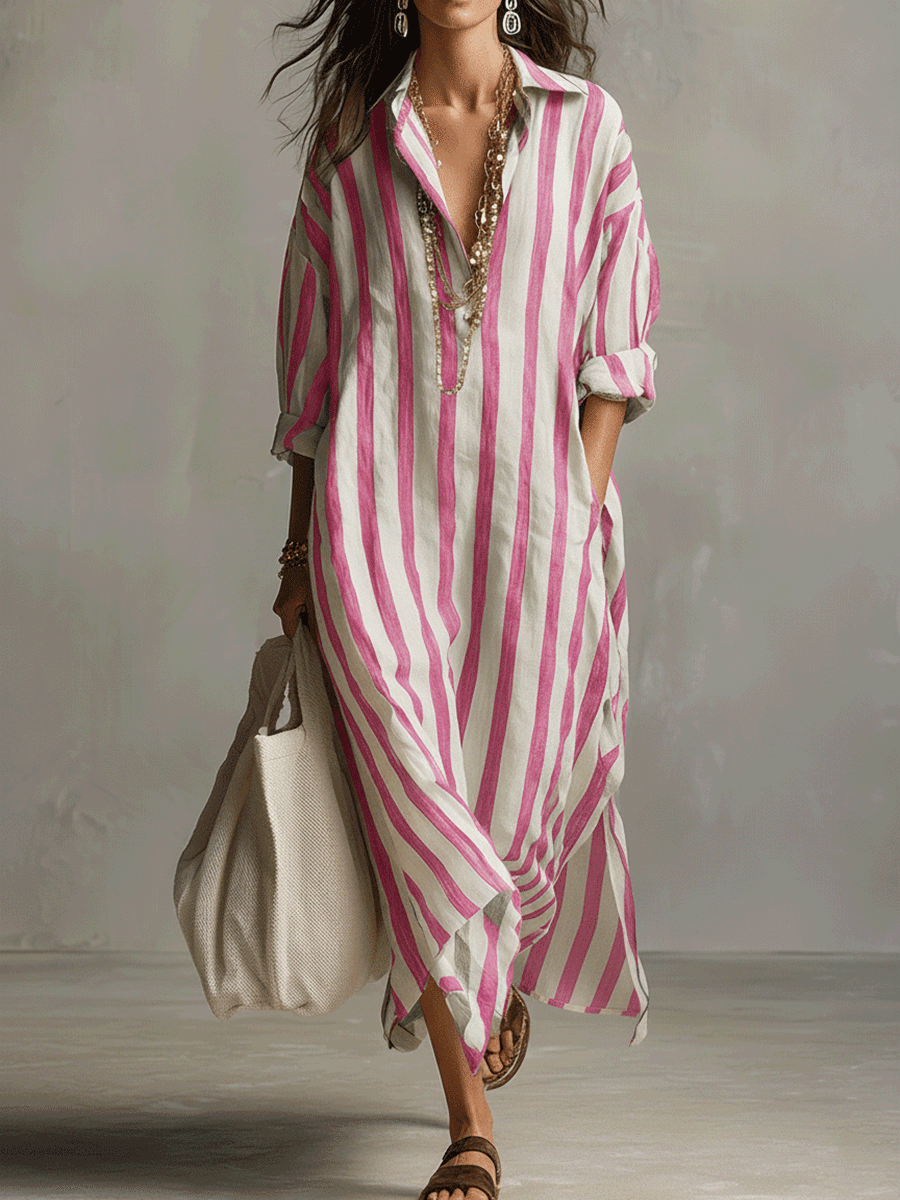 Vestido Maxi Estilo Bohemio de Camisa a Rayas Casual