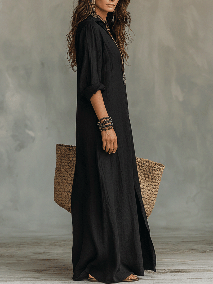Vestido Maxi Bohemio de Camisa con Botones Negros
