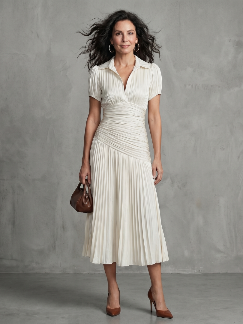 Theodora | Vestido Midi con Plisado y Rayas en la Cintura