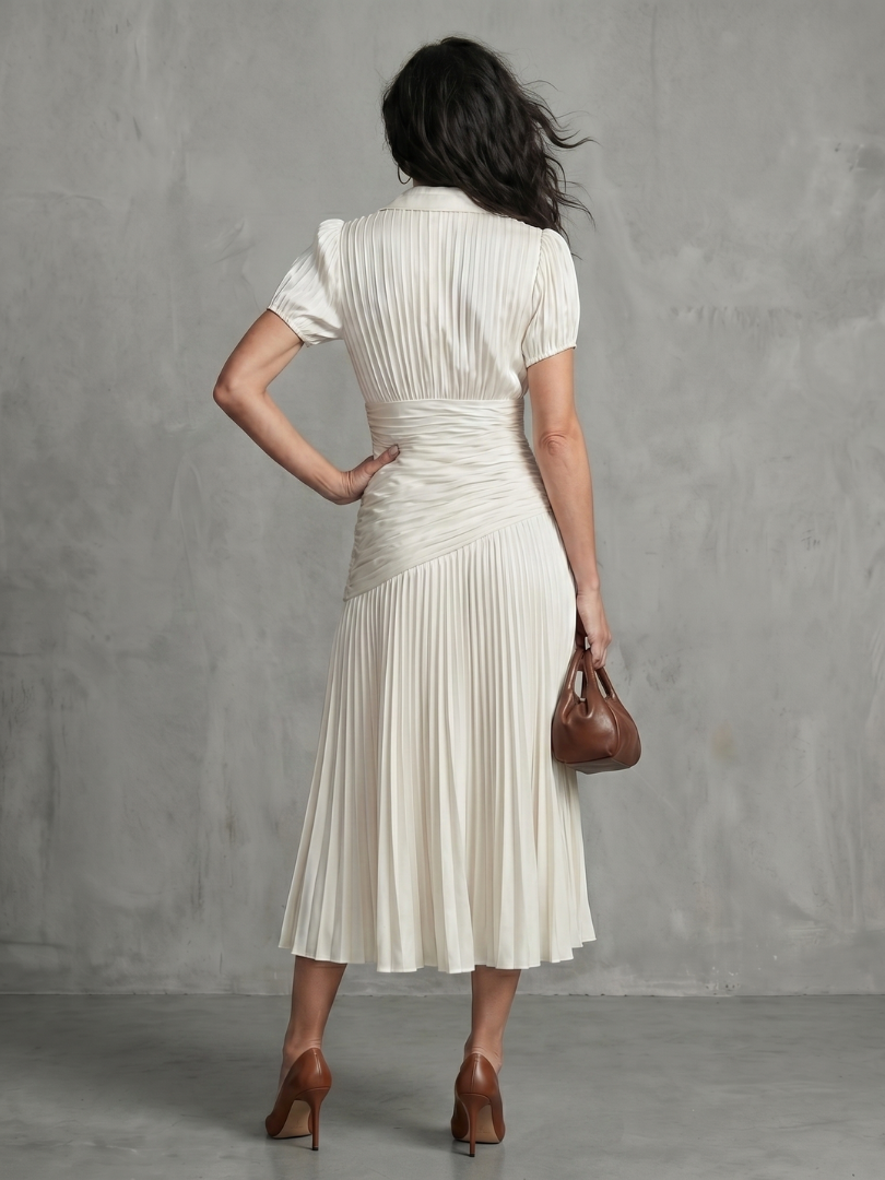 Theodora | Vestido Midi con Plisado y Rayas en la Cintura
