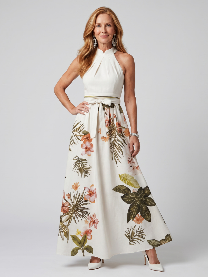 Weide | Vestido Maxi de Panel Botánico con Cuello Halter