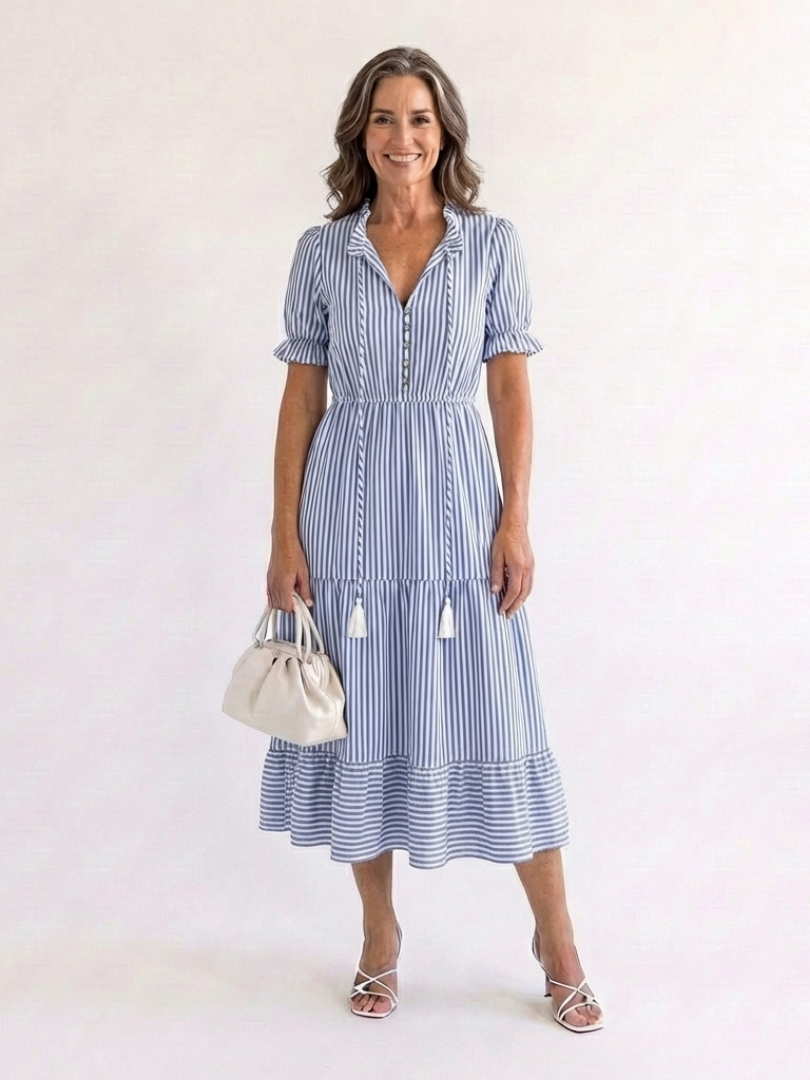Dakota | Vestido Midi de Rayas con Mangas Cortas y Volantes