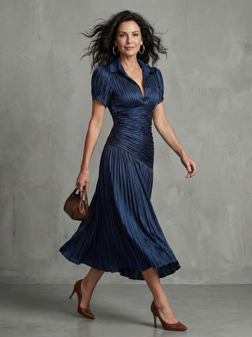 Theodora | Vestido Midi con Plisado y Rayas en la Cintura