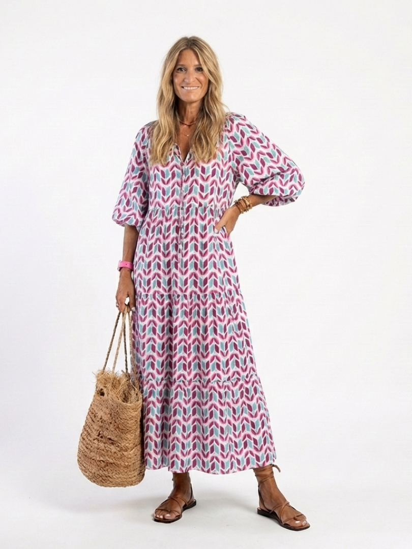 Mireya | Vestido Midi de Manga Larga con Estampado Geométrico