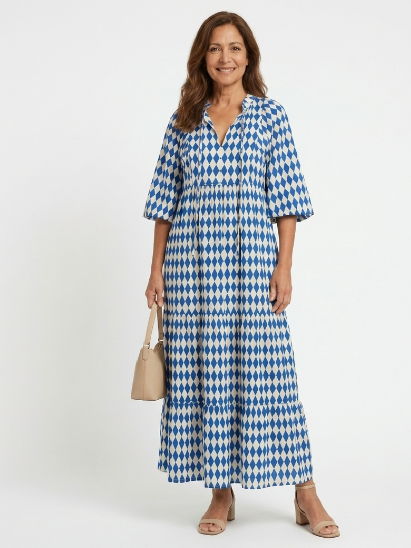 Elodie | Vestido midi de capas con estampado de diamantes
