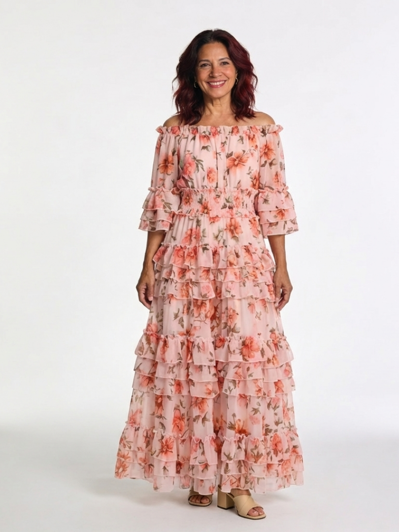 Rosalie | Vestido Maxi Rizado con Flores y Hombros Descubiertos