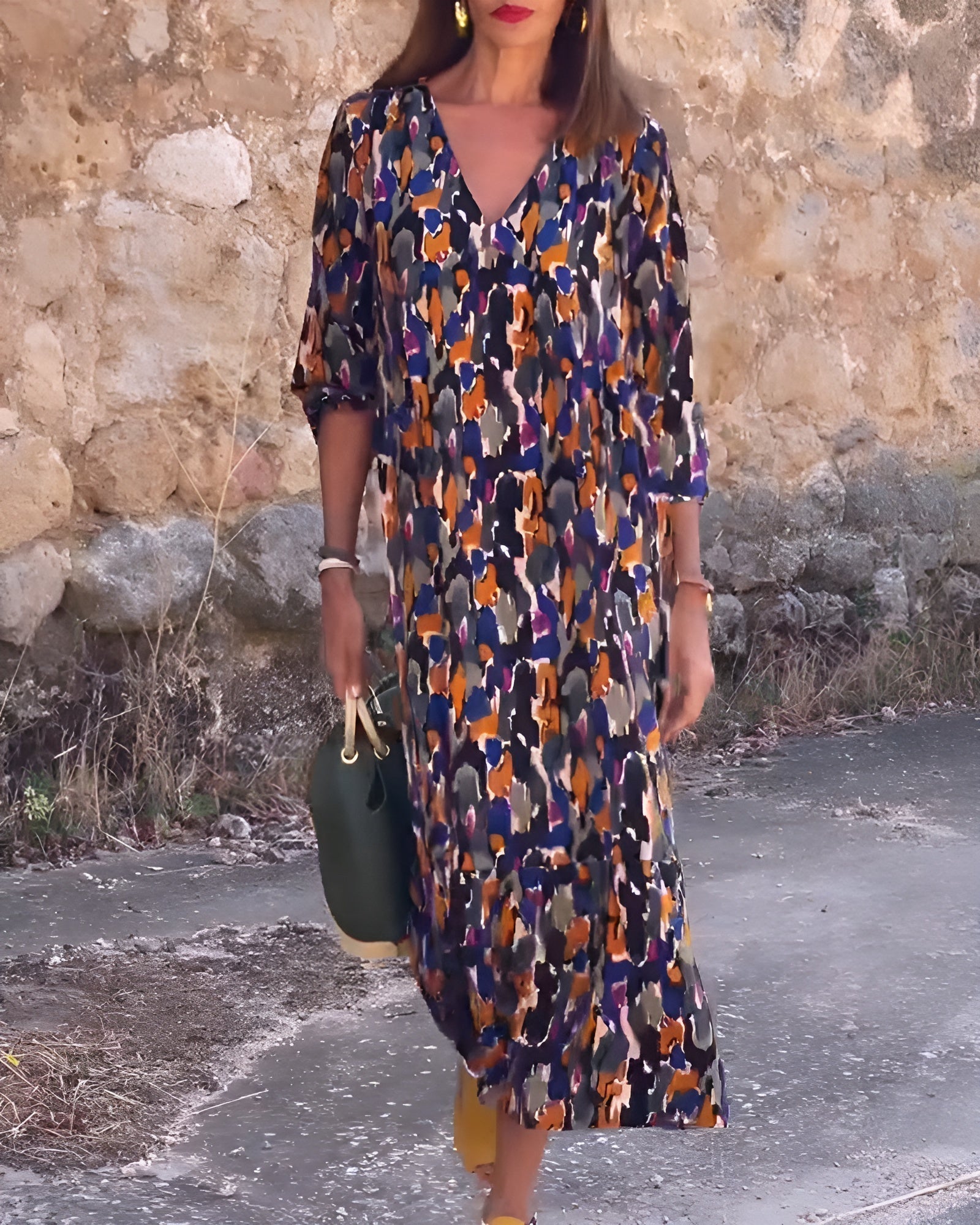 Nathalie | Vestido de V-Cuello con Estampado Vintage