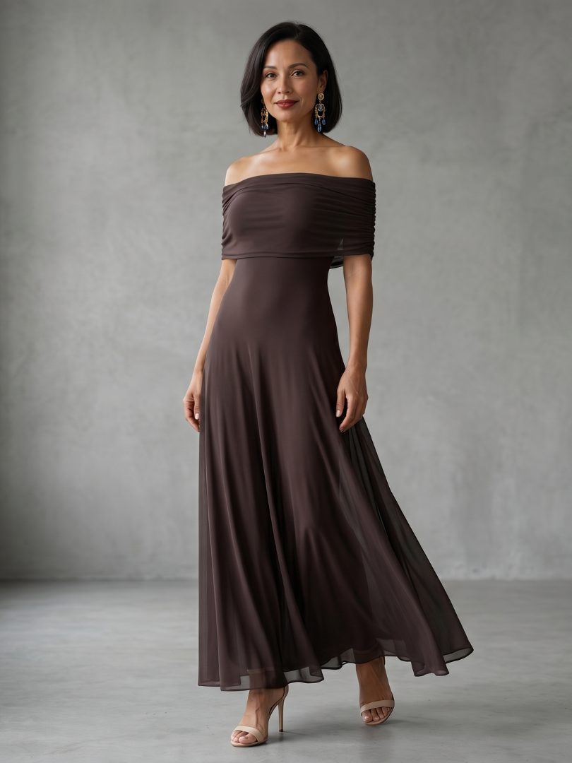 Juni | Vestido Midi Drapado con Hombros Descubiertos