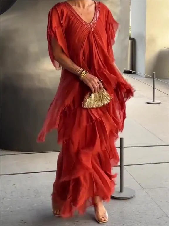 Blaise - Vestido Maxi de Cuello en V con Mangas Cortas Voladas