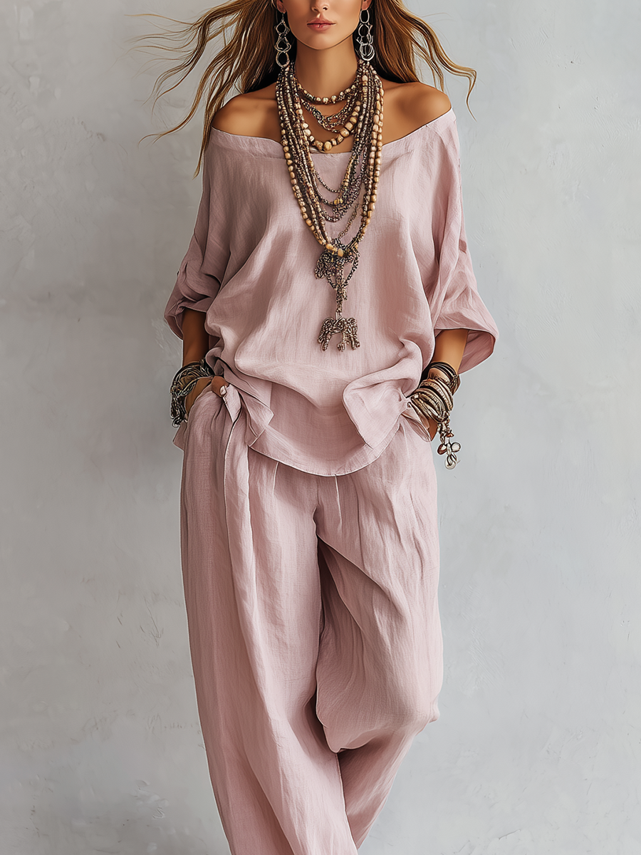 Conjunto de Pantalones Anchos Casual Rosa Claro