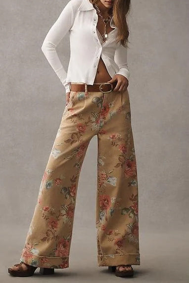 Pantalones Casual de Pierna Ancha Floral de Cintura Alta
