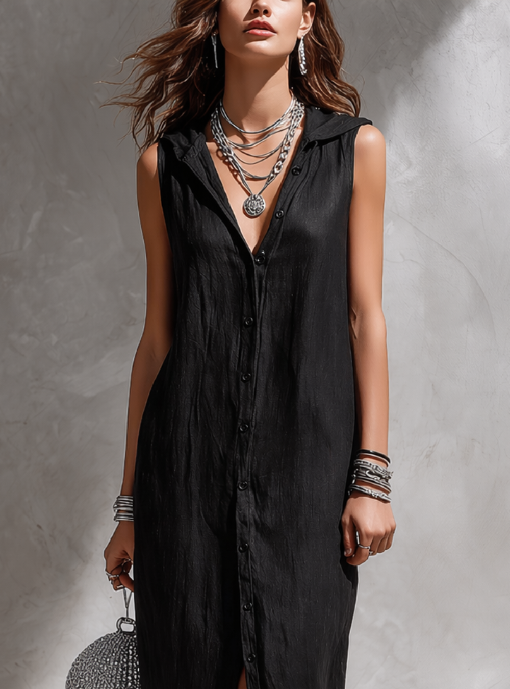 Vestido Minimalista Sin Mangas con Botones y Abertura
