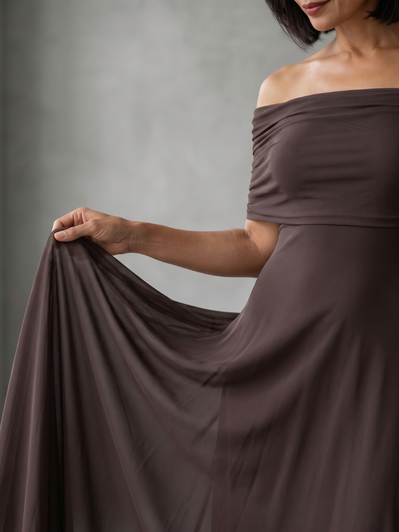 Juni | Vestido Midi Drapado con Hombros Descubiertos
