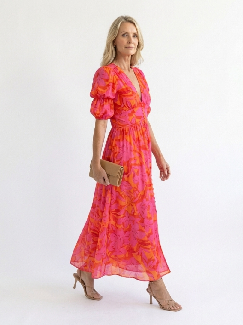 Sauce | Vestido Midi con Escote en V y Mangas Abullonadas