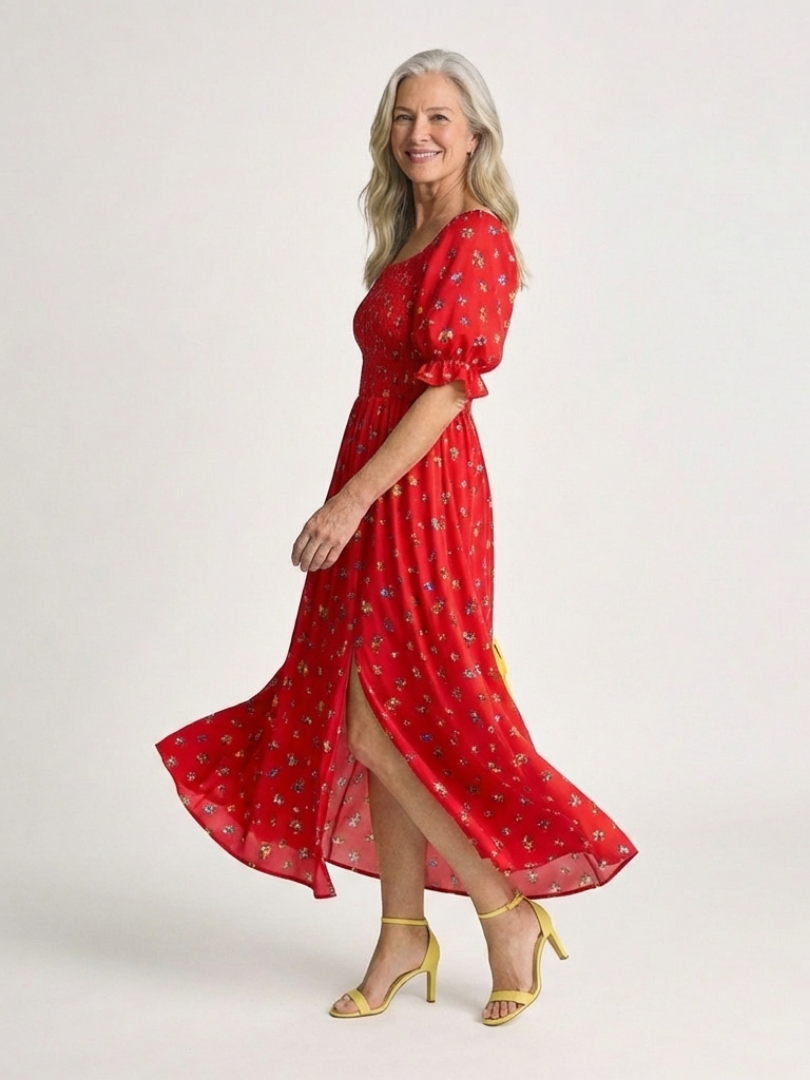 Delphine | Vestido Midi de Manga Abullonada con Cuello Cuadrado y Floral