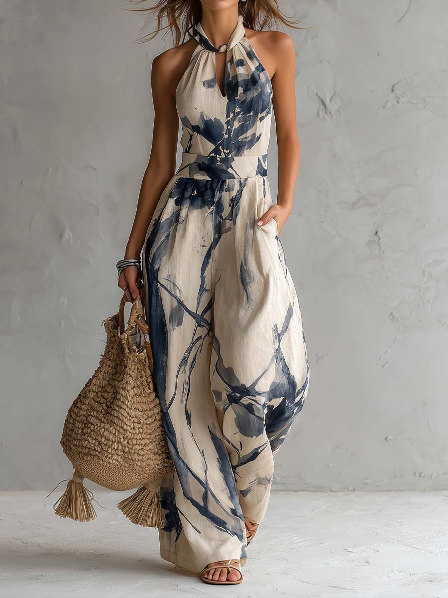 Mono Halter Cuello Con Estampado de Tinta y Pantalones Anchos con Bolsillos