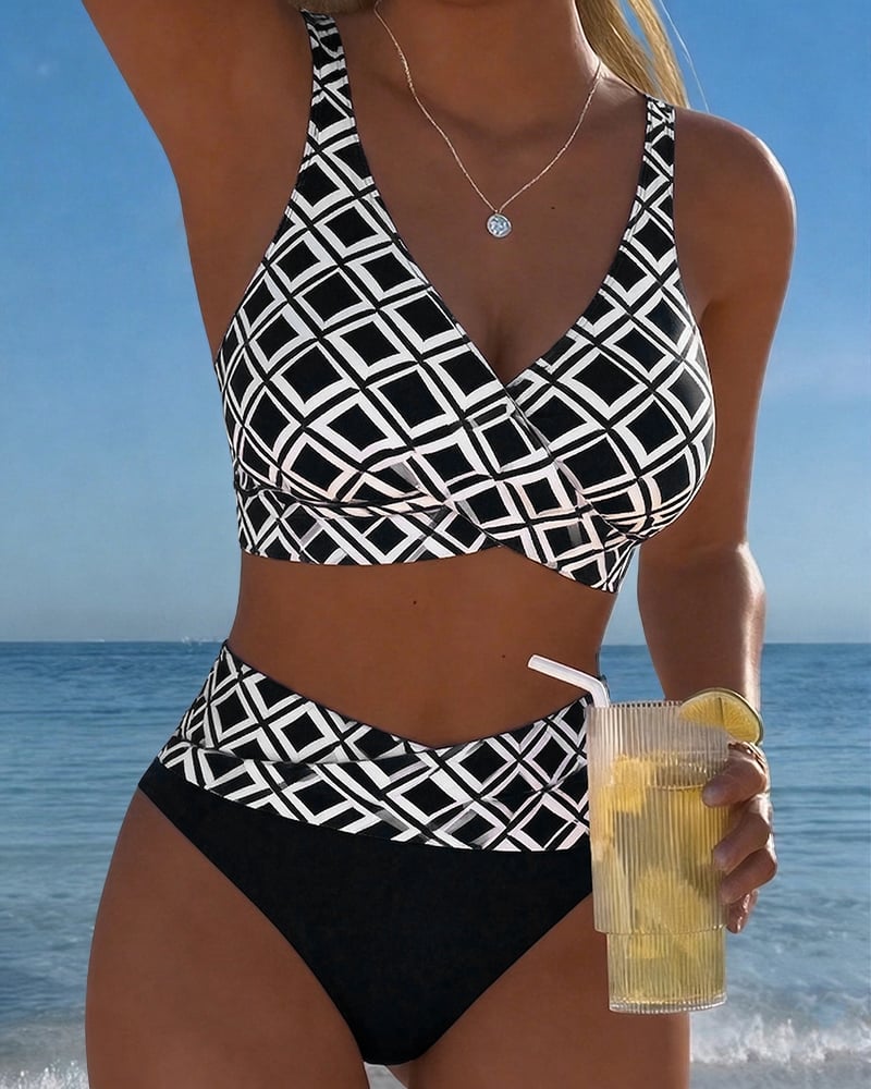 Bikini de Dos Piezas con Corte de Sujetador y Patrón de Diamantes