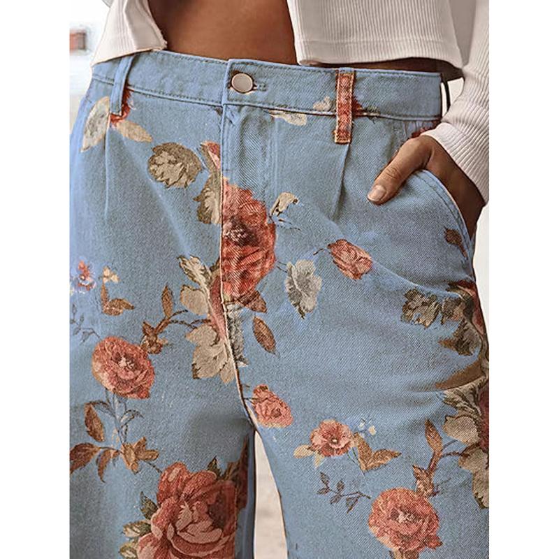 Pantalones Casual de Pierna Ancha Floral de Cintura Alta