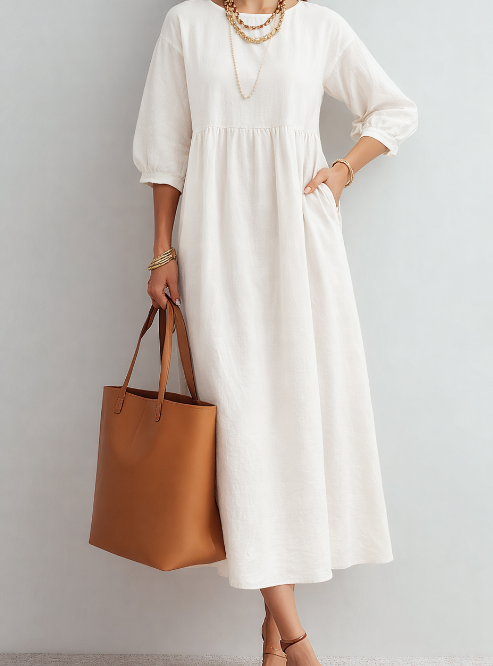 Vestido Midi Relajado Crema Sin Esfuerzo