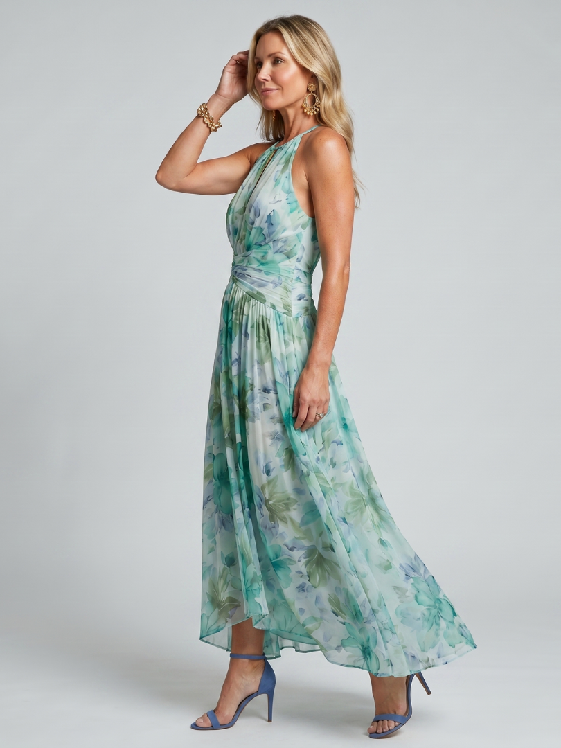 Portia | Vestido Midi con Escote Halter y Suave Patrón Floral