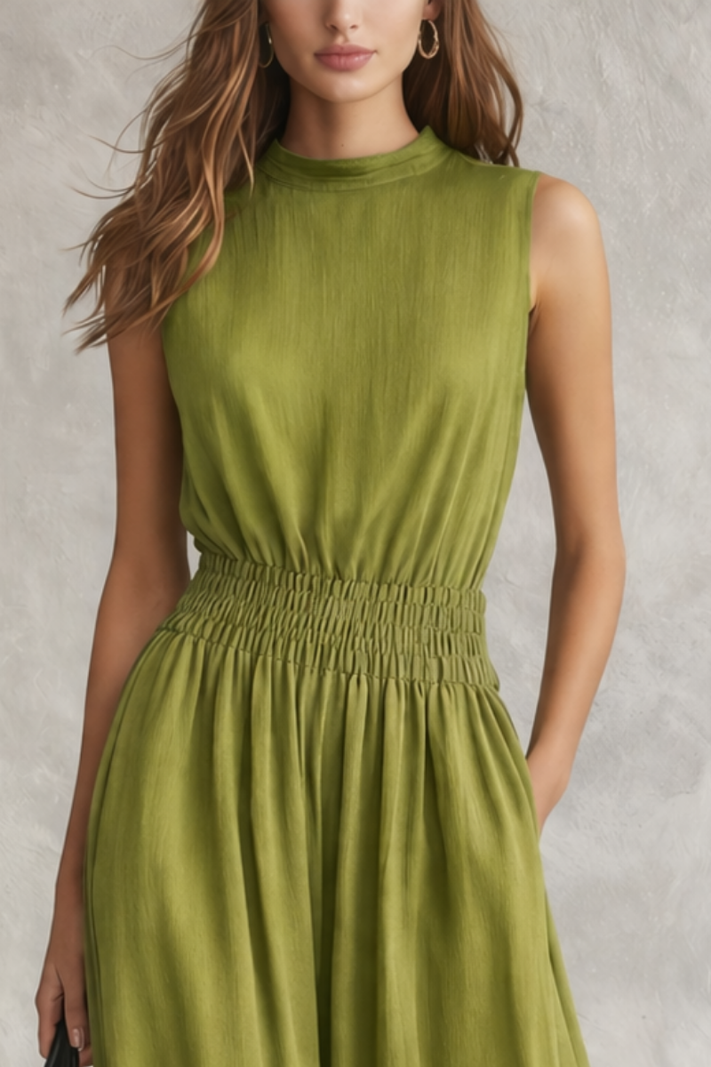 Vestido Maxi de Cintura Fruncida Relajada