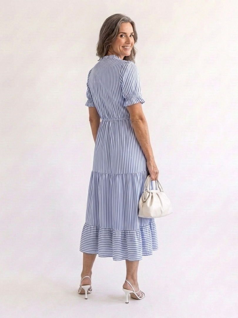 Dakota | Vestido Midi de Manga Corta a Rayas con Volantes