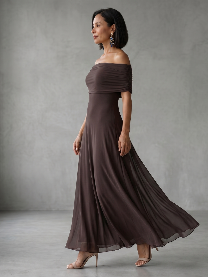 Juni | Vestido Midi Drapado con Hombros Descubiertos