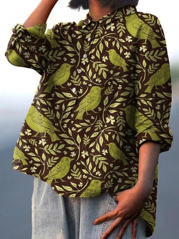 Nora | Camiseta de Ocio Vintage con Flores y Pájaros para Damas