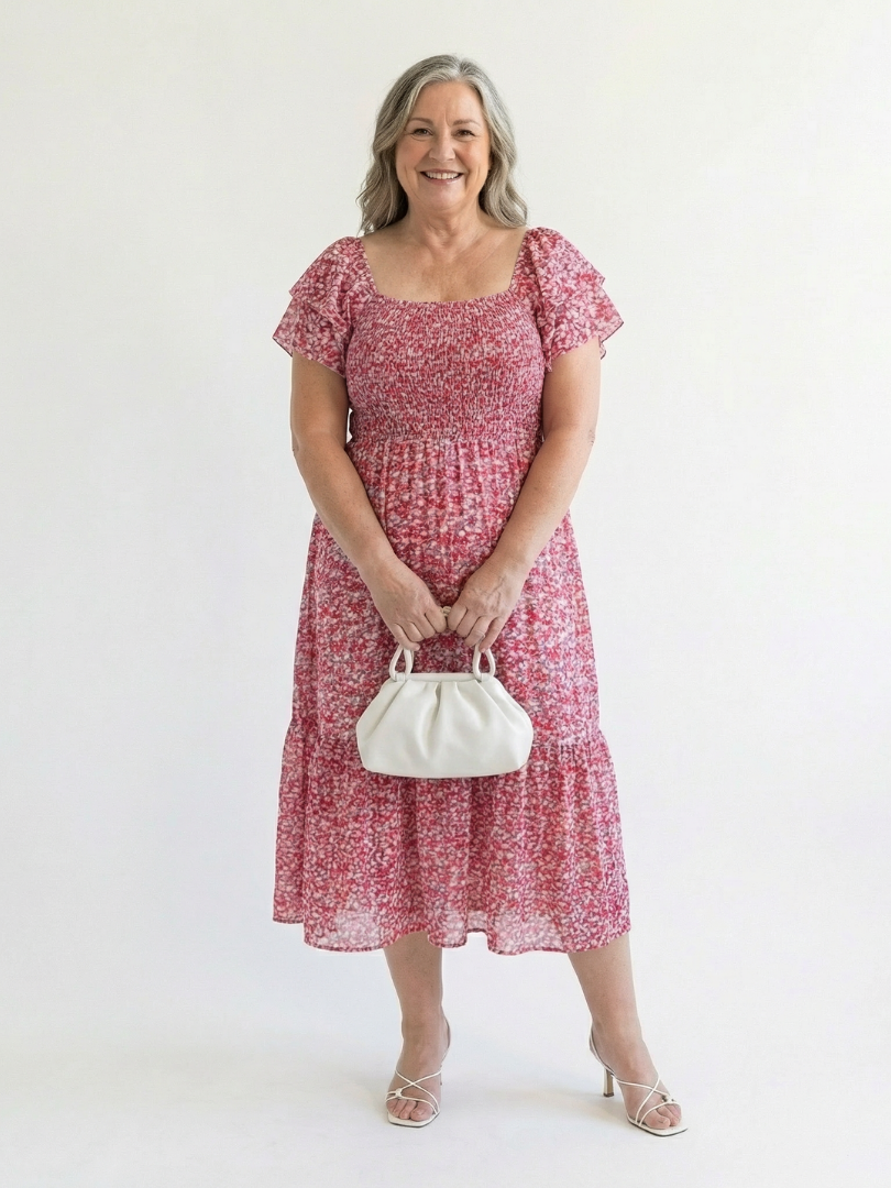 Odette | Vestido Midi Floral con Hombros al Descubierto