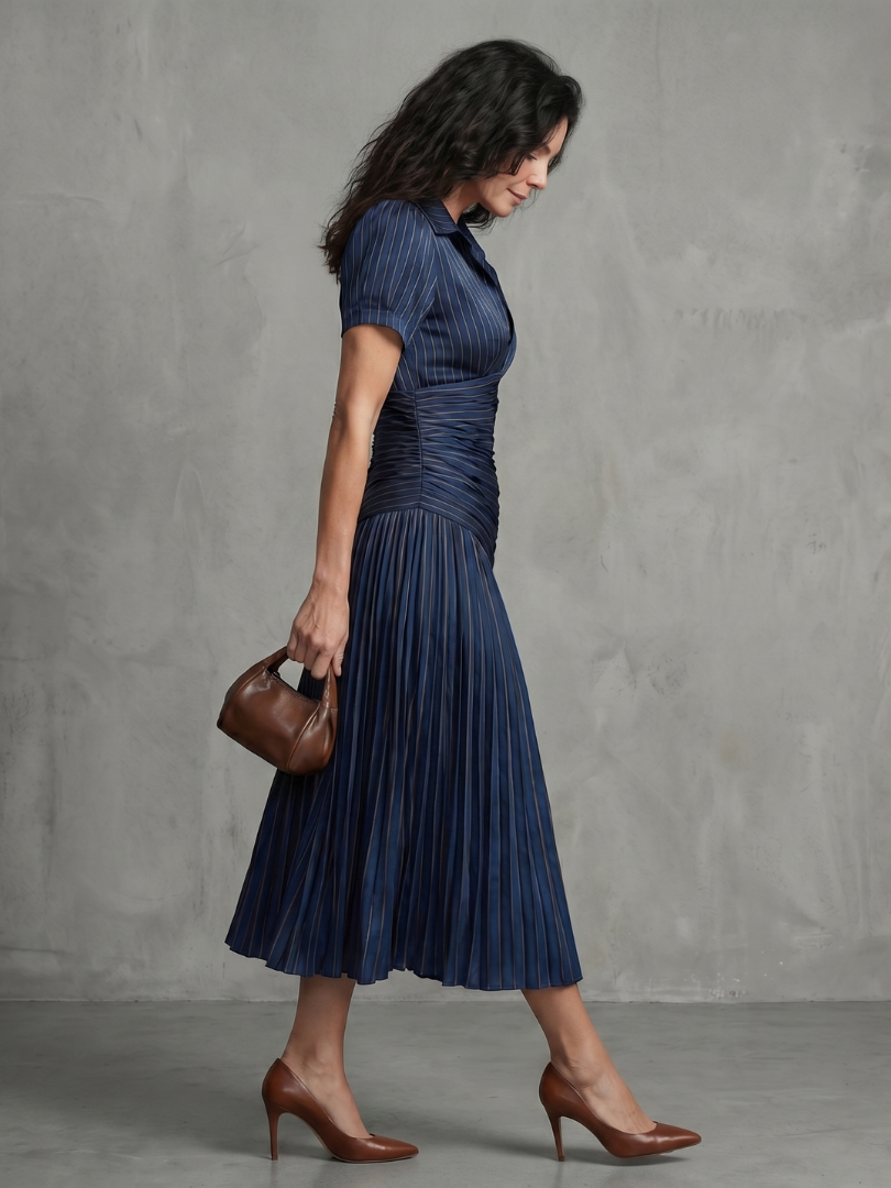 Theodora | Vestido Midi con Plisado y Rayas en la Cintura