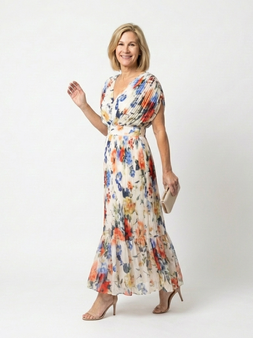 Savannah | Vestido midi floral con mangas cortas y plisados