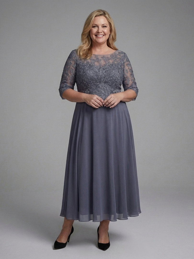 Olivina | Vestido Midi con Cuerpo de Encaje y Mangas Transparentes