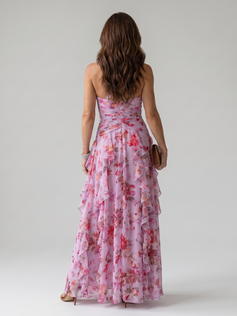 Nori | Vestido Maxi de Flores con Escote Halter y Cuerpo Fruncido
