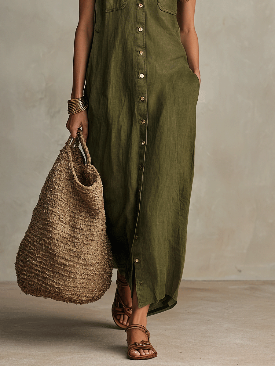 Vestido Maxi Camisa Boho de Oliva Sin Esfuerzo