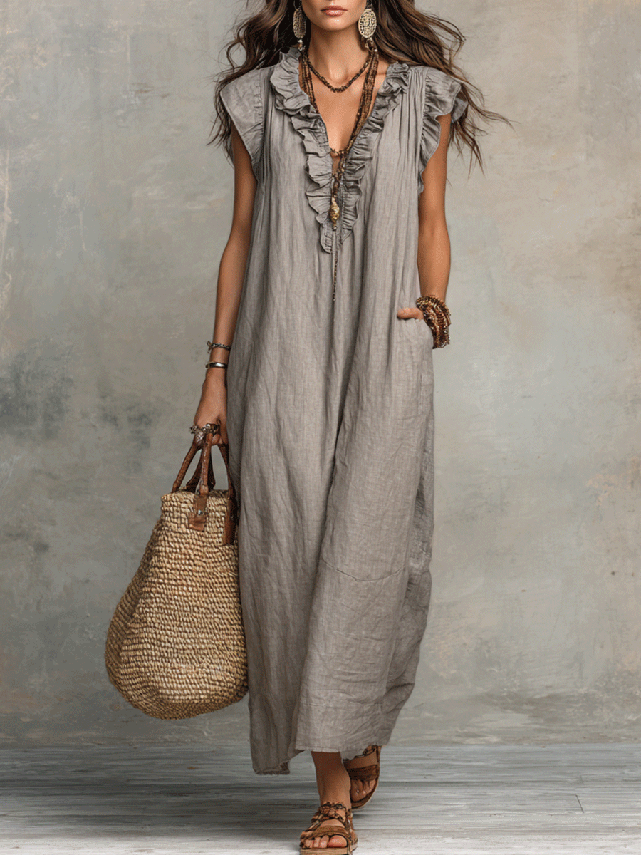 Vestido Maxi Fluido Sin Mangas con Pliegues y Escote en V Bohemio