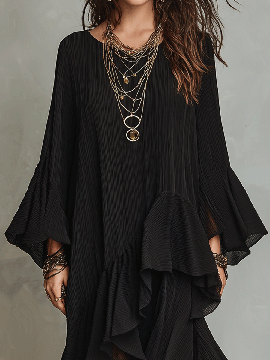 Elegante Vestido Midi Boho Negro con Volantes Asimétricos