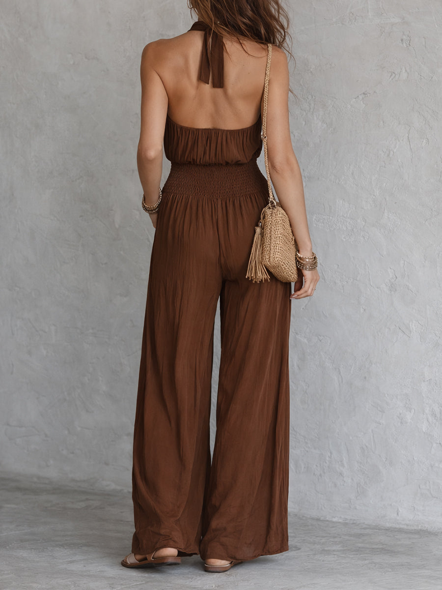 Mono Boho de Cuello Halter sin Mangas y Piernas Anchas