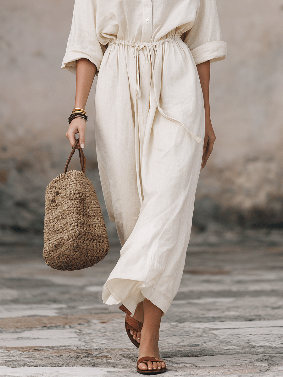 Vestido Maxi Camisero Bohemio Sin Esfuerzo con Cinta en la Cintura