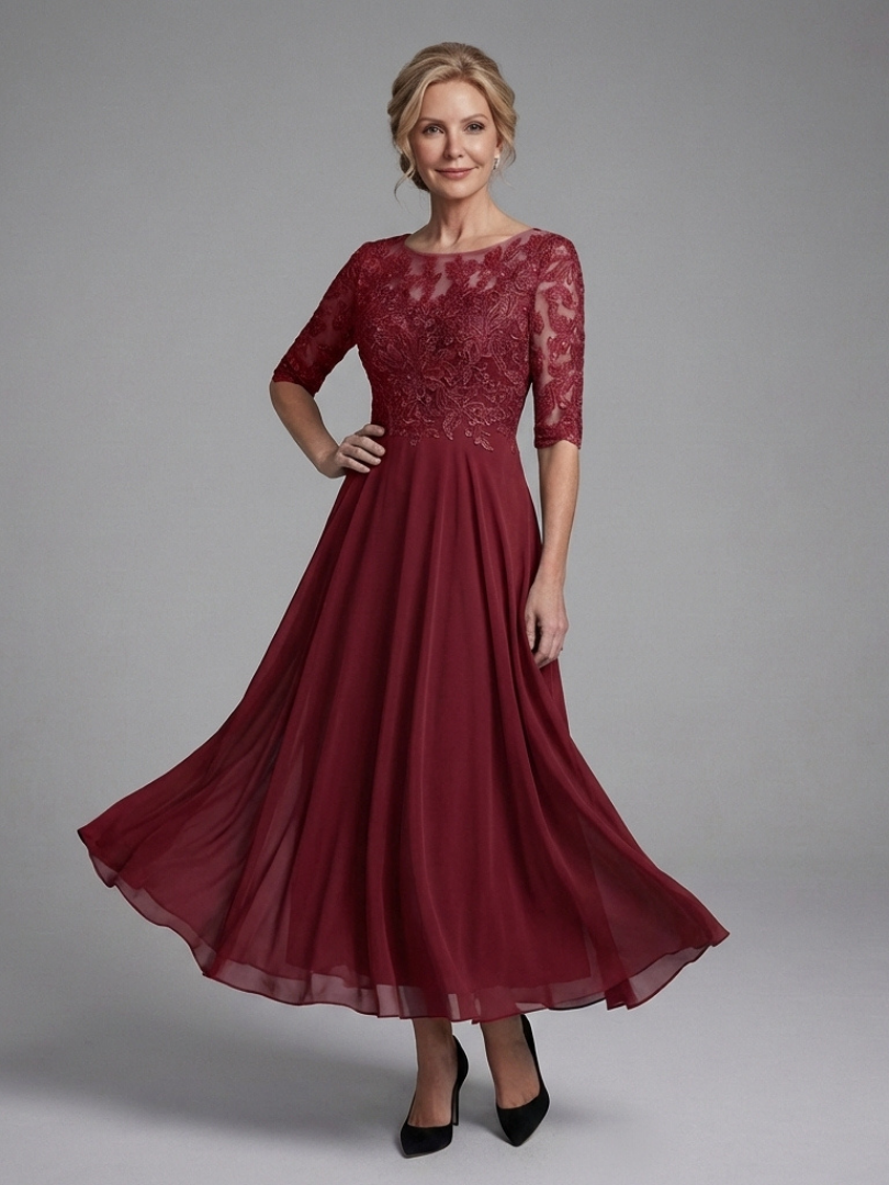 Olivina | Vestido Midi con Cuerpo de Encaje y Mangas Transparentes