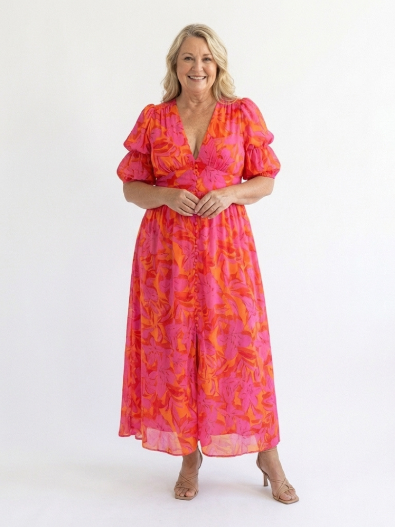 Sauce | Vestido Midi con Escote en V y Mangas Abullonadas