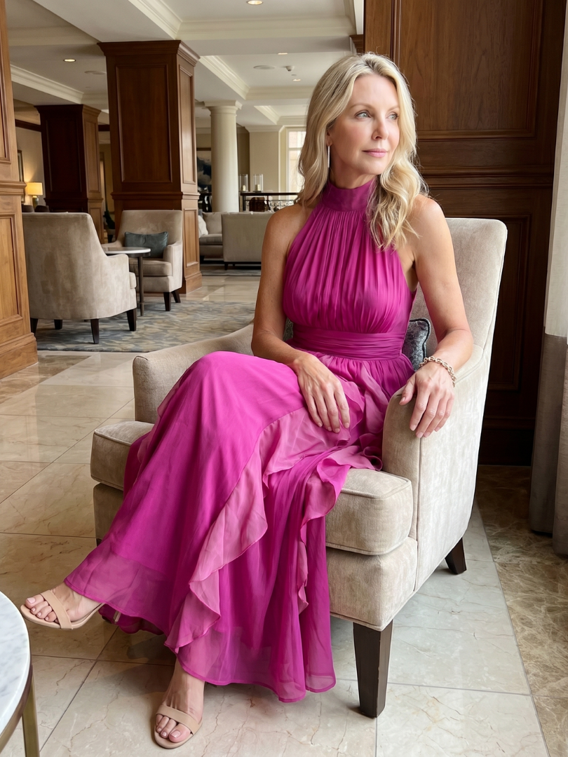 Orea | Maxi vestido con cuello alto y capas de volantes plisados