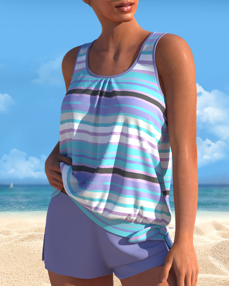 Tankini con escote en U y diseño de rayas