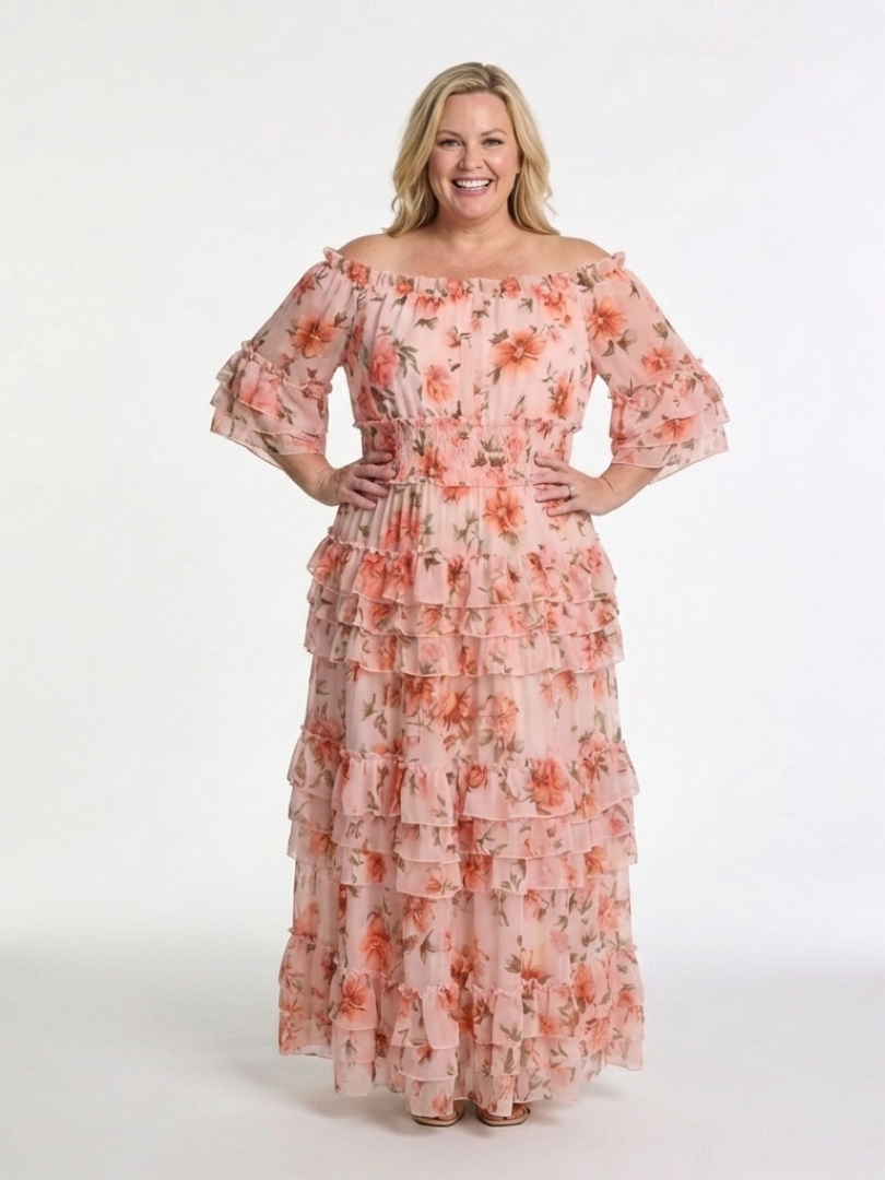 Rosalie | Vestido Maxi Floral con Volantes y Hombros Descubiertos