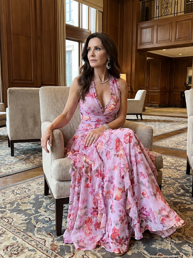 Nori | Vestido Maxi de Flores con Escote Halter y Cuerpo Fruncido