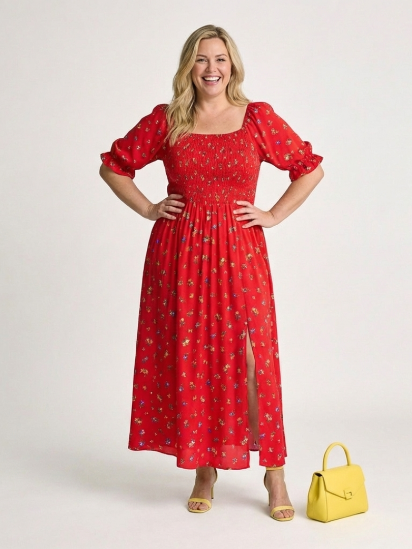 Delphine | Vestido Midi de Manga Abullonada con Cuello Cuadrado y Floral