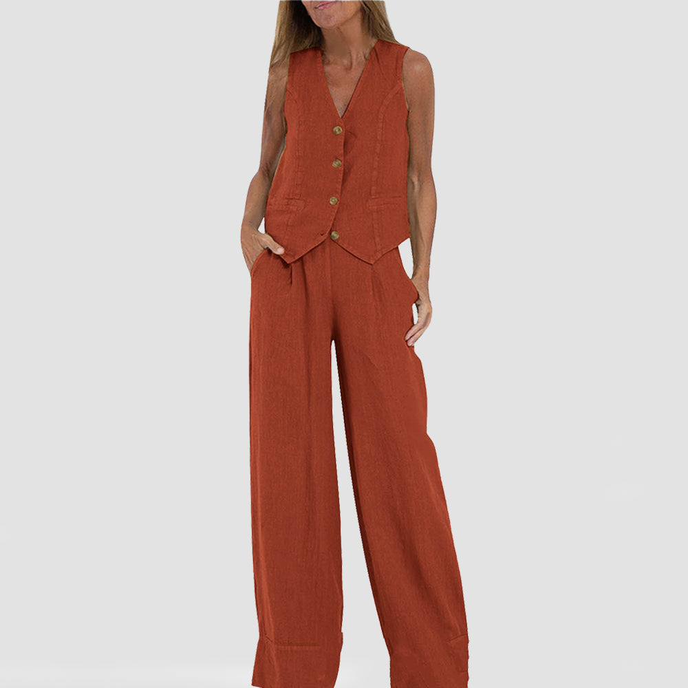 Top de verano sin mangas y pantalones rectos anchos