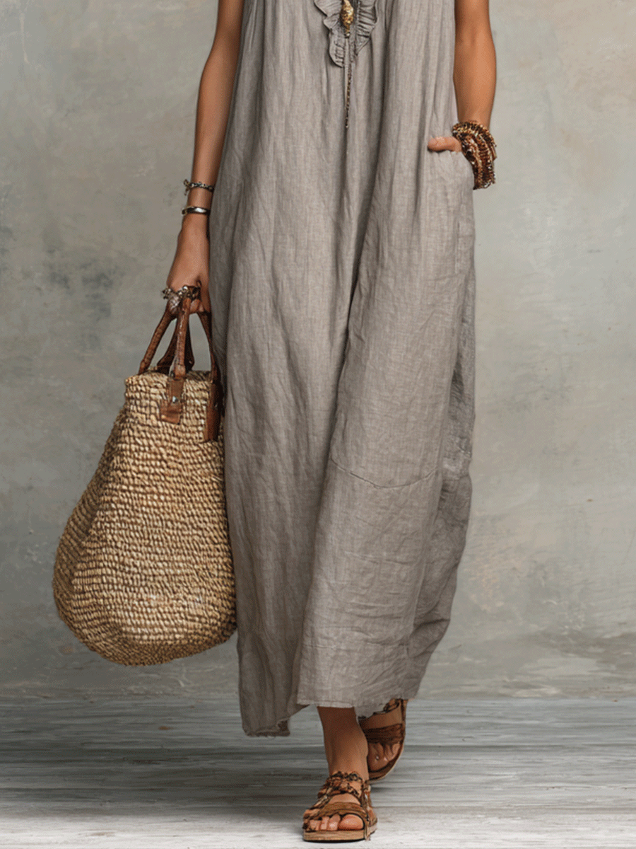 Vestido Maxi Fluido Sin Mangas con Volantes y Escote en V Bohemio