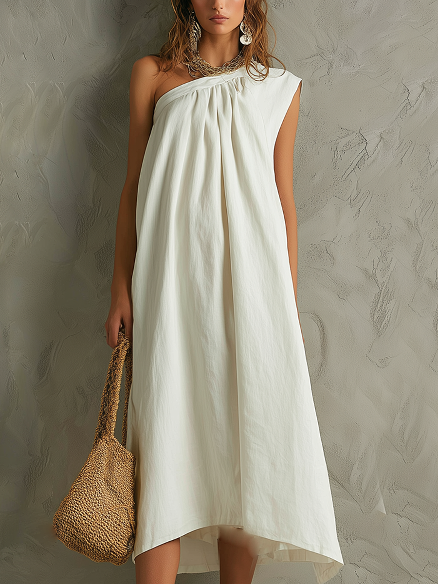 Vestido Maxi Blanco Minimalista con Un Hombro y Ambiente de Resort