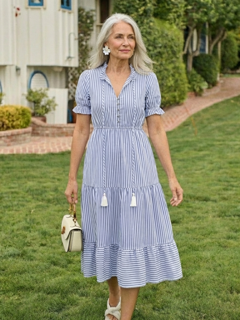 Dakota | Vestido Midi de Manga Corta a Rayas con Volantes