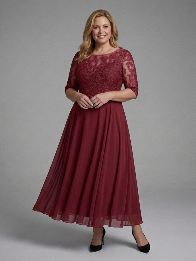Olivina | Vestido Midi con Cuerpo de Encaje y Mangas Transparentes